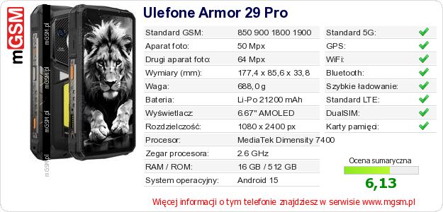 Dane telefonu Ulefone Armor 29 Pro Dane telefonu Ulefone Armor 29 Pro