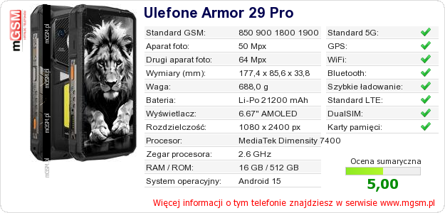 Dane telefonu Ulefone Armor 29 Pro Dane telefonu Ulefone Armor 29 Pro