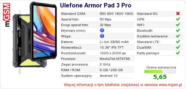 Dane telefonu Ulefone Armor Pad 3 Pro
