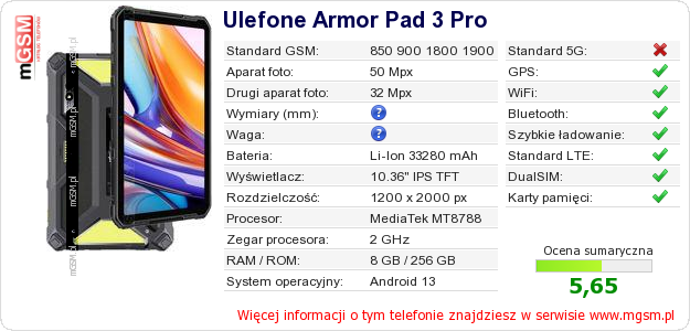 Dane telefonu Ulefone Armor Pad 3 Pro Dane telefonu Ulefone Armor Pad 3 Pro