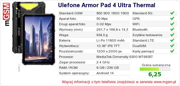 Dane telefonu Ulefone Armor Pad 4 Ultra Thermal Dane telefonu Ulefone Armor Pad 4 Ultra Thermal