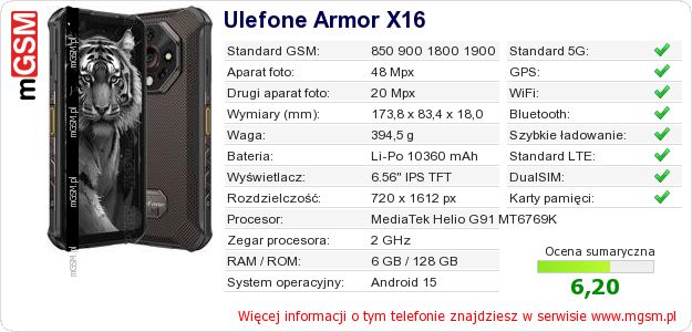Dane telefonu Ulefone Armor X16
