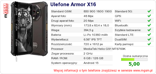 Dane telefonu Ulefone Armor X16