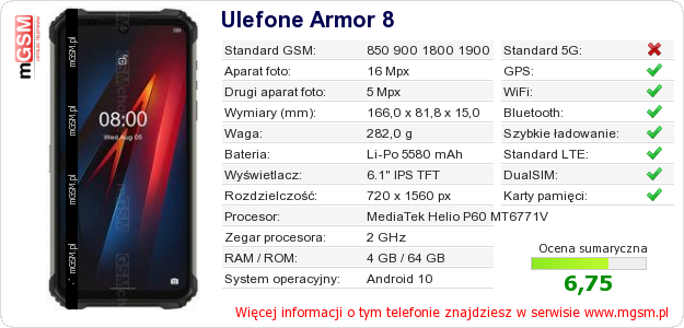 Dane telefonu Ulefone Armor 8