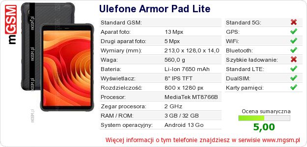 Dane telefonu Ulefone Armor Pad Lite Dane telefonu Ulefone Armor Pad Lite