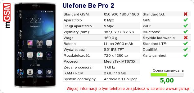 Dane telefonu Ulefone Be Pro 2