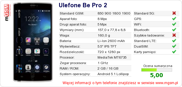 Dane telefonu Ulefone Be Pro 2