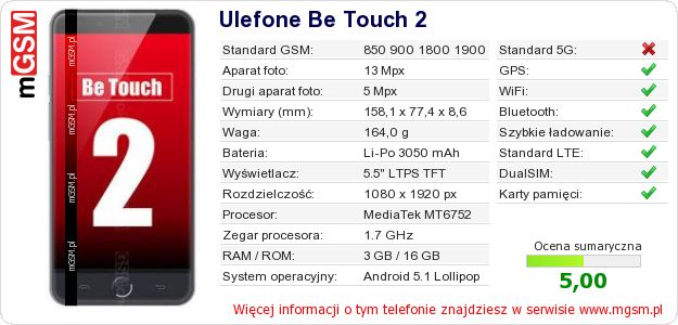 Dane telefonu Ulefone Be Touch 2