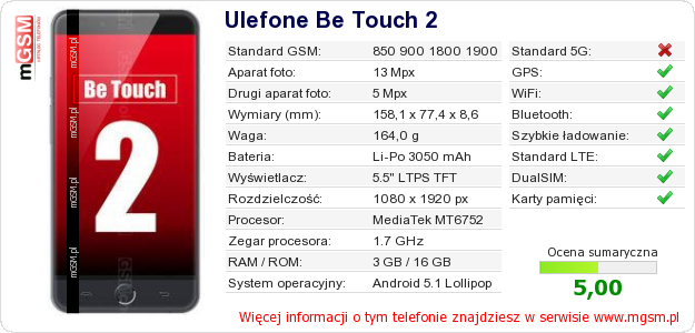 Dane telefonu Ulefone Be Touch 2