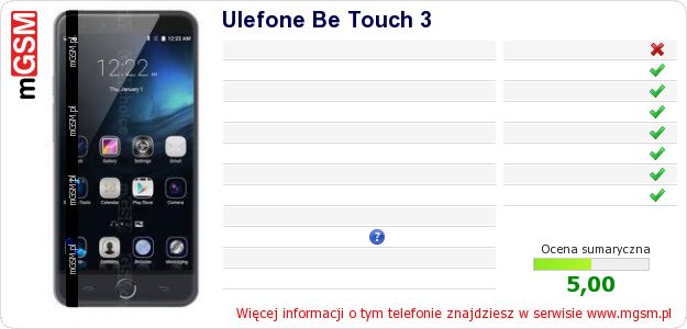 Dane telefonu Ulefone Be Touch 3