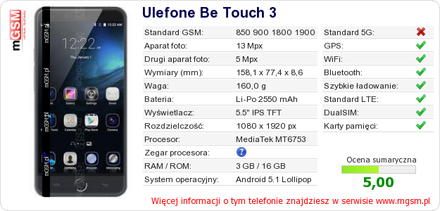Dane telefonu Ulefone Be Touch 3