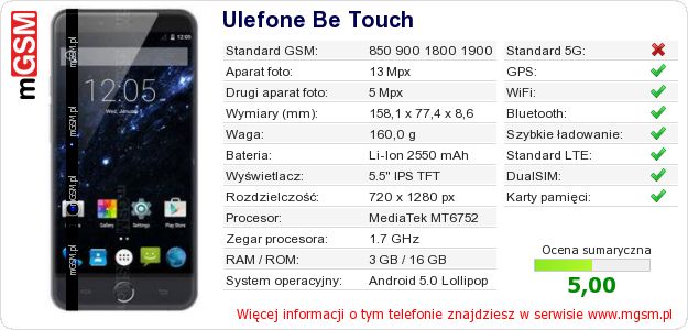 Dane telefonu Ulefone Be Touch Dane telefonu Ulefone Be Touch