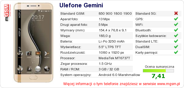 Dane telefonu Ulefone Gemini