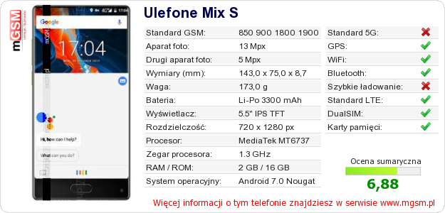 Dane telefonu Ulefone Mix S