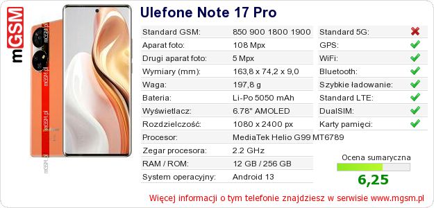 Dane telefonu Ulefone Note 17 Pro Dane telefonu Ulefone Note 17 Pro
