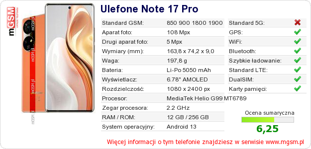 Dane telefonu Ulefone Note 17 Pro
