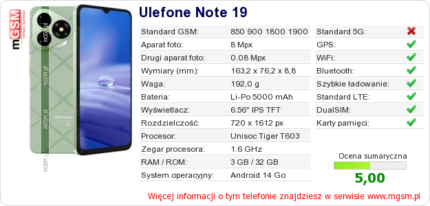 Dane telefonu Ulefone Note 19