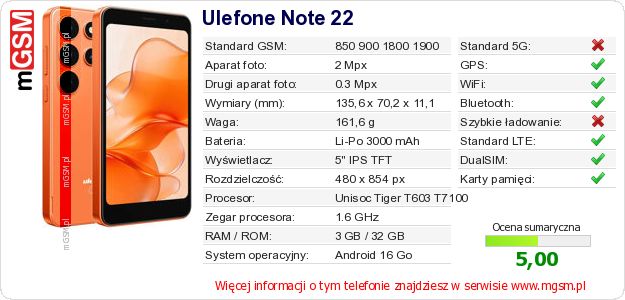Dane telefonu Ulefone Note 22 Dane telefonu Ulefone Note 22