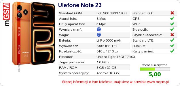 Dane telefonu Ulefone Note 23