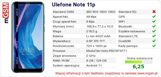 Dane telefonu Ulefone Note 11p
