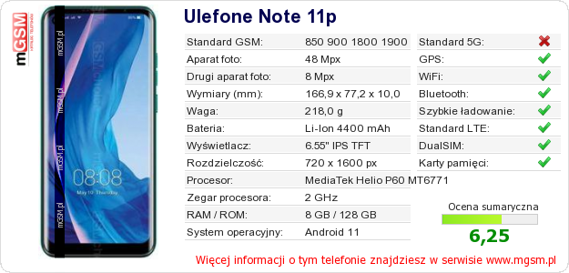 Dane telefonu Ulefone Note 11p