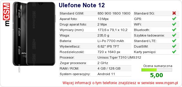 Dane telefonu Ulefone Note 12