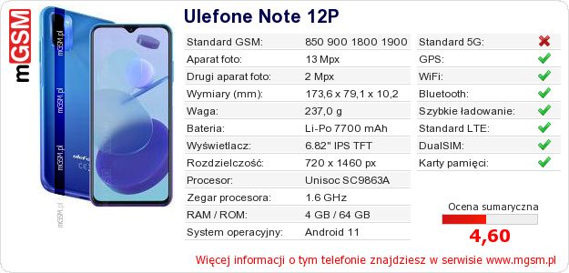 Dane telefonu Ulefone Note 12P