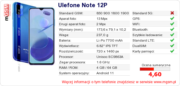Dane telefonu Ulefone Note 12P