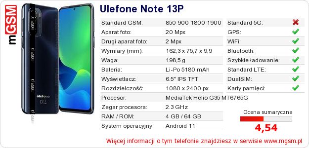 Dane telefonu Ulefone Note 13P Dane telefonu Ulefone Note 13P