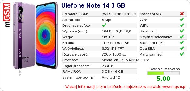 Dane telefonu Ulefone Note 14 3 GB