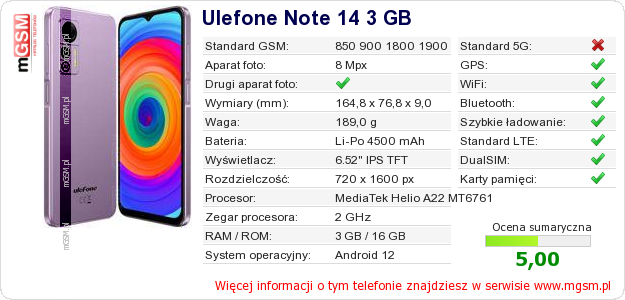 Dane telefonu Ulefone Note 14 3 GB Dane telefonu Ulefone Note 14 3 GB