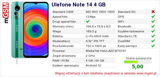 Dane telefonu Ulefone Note 14 4 GB Dane telefonu Ulefone Note 14 4 GB