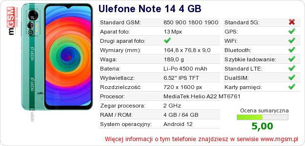 Dane telefonu Ulefone Note 14 4 GB