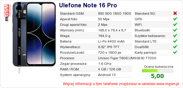 Dane telefonu Ulefone Note 16 Pro