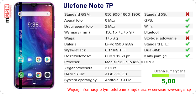 Dane telefonu Ulefone Note 7P Dane telefonu Ulefone Note 7P