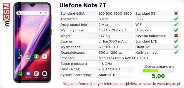 Dane telefonu Ulefone Note 7T