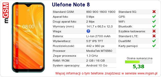 Dane telefonu Ulefone Note 8 Dane telefonu Ulefone Note 8