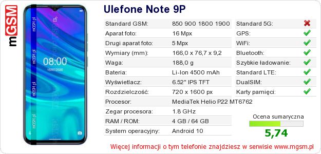 Dane telefonu Ulefone Note 9P