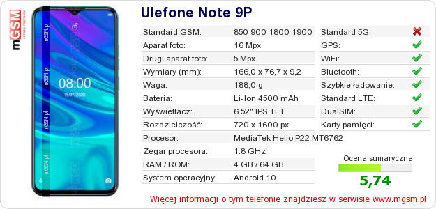 Dane telefonu Ulefone Note 9P Dane telefonu Ulefone Note 9P
