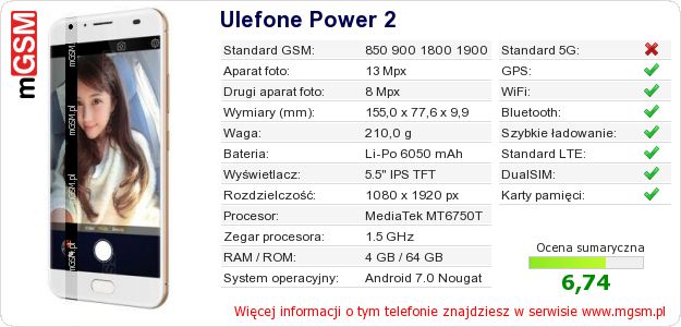 Dane telefonu Ulefone Power 2 Dane telefonu Ulefone Power 2