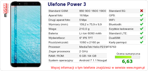Dane telefonu Ulefone Power 3 Dane telefonu Ulefone Power 3