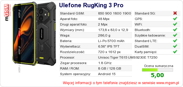 Dane telefonu Ulefone RugKing 3 Pro