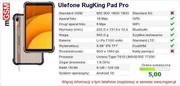 Dane telefonu Ulefone RugKing Pad Pro Dane telefonu Ulefone RugKing Pad Pro