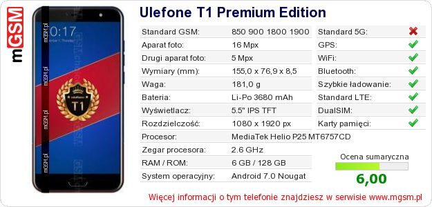 Dane telefonu Ulefone T1 Premium Edition