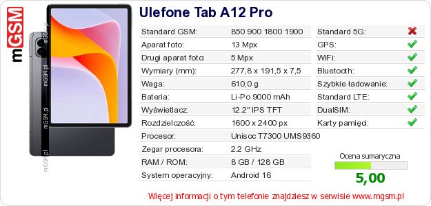 Dane telefonu Ulefone Tab A12 Pro Dane telefonu Ulefone Tab A12 Pro