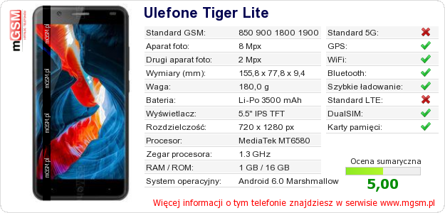 Dane telefonu Ulefone Tiger Lite
