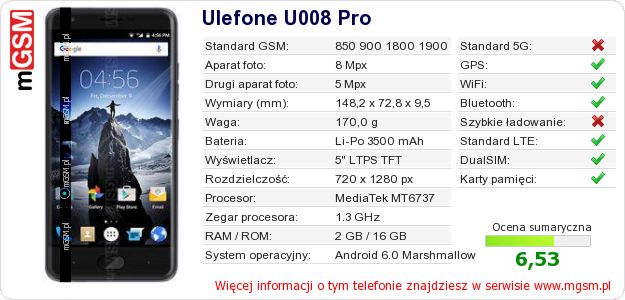 Dane telefonu Ulefone U008 Pro Dane telefonu Ulefone U008 Pro