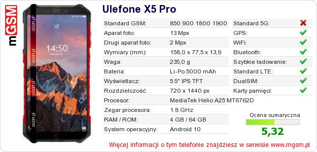 Dane telefonu Ulefone X5 Pro