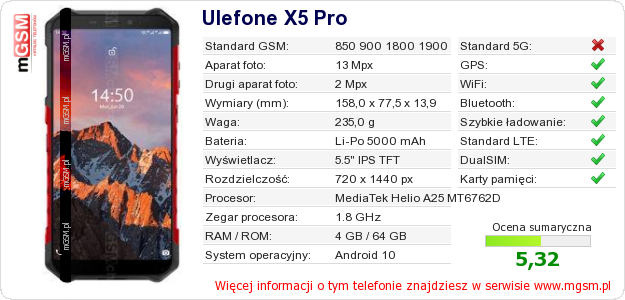 Dane telefonu Ulefone X5 Pro