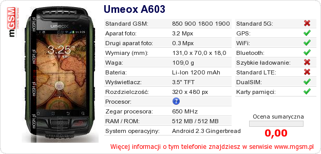 Dane telefonu Umeox A603